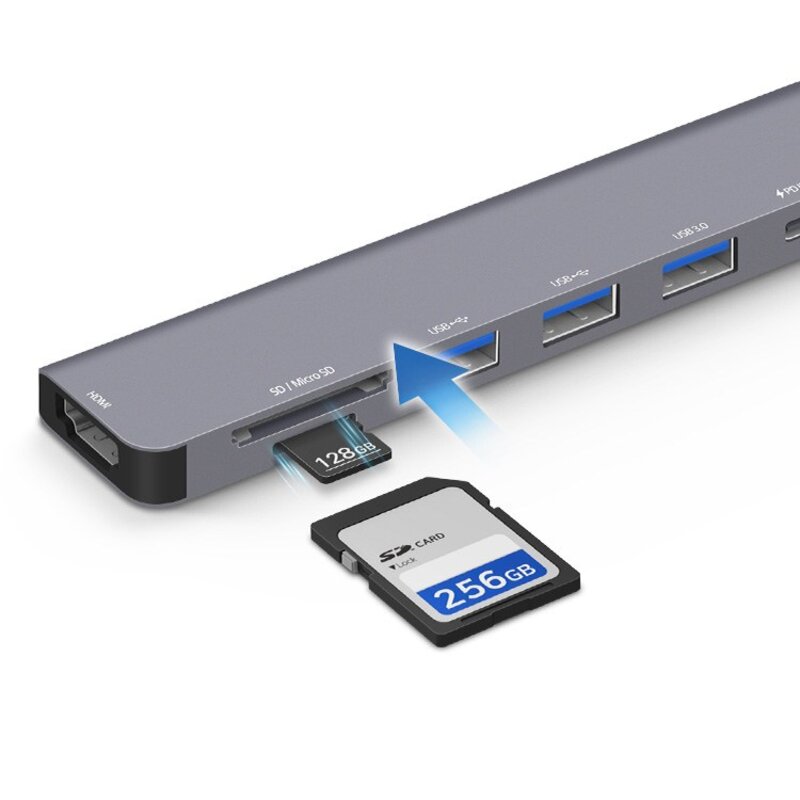 홈플래닛 7포트 USB3.0 멀티허브 DEX미러링 (USB*3 타입C HDMI SD/MSD) / HUB7C-L, 그레이, 1개