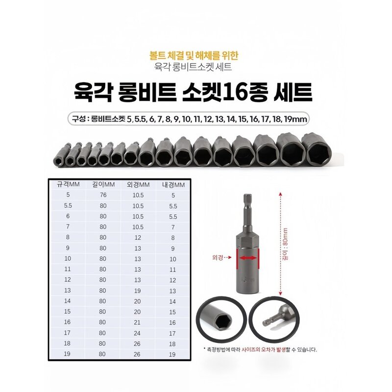 LOPEIZ 로페이즈 육각 롱비트 소켓 16종 세트/임팩렌치 육각비트 롱복스알, 1개