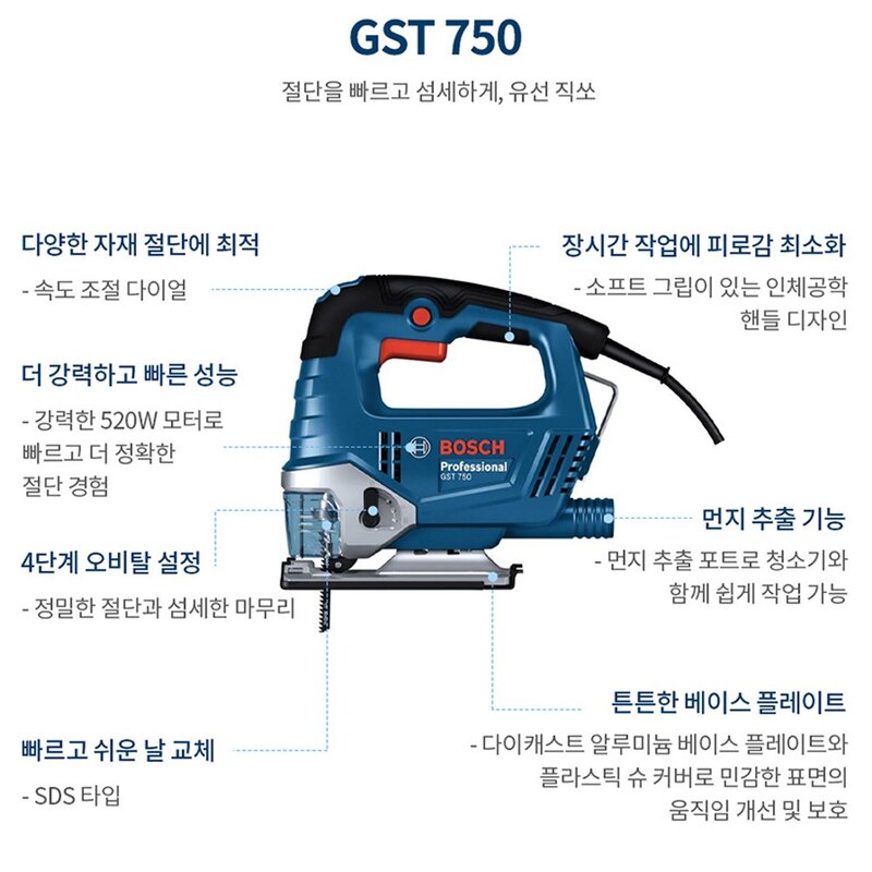 보쉬 전동 속도조절 직소기 GST750 직쏘 톱 오비탈 절단기 날포함, 1개, 본품(배터리없음)