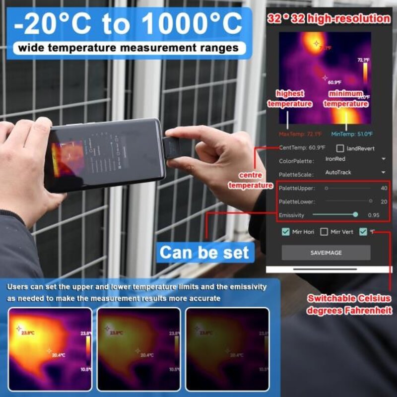 휴대폰 열화상 카메라 지지대 소형 최대 최소 중심 온도 측정-20 ℃  1000